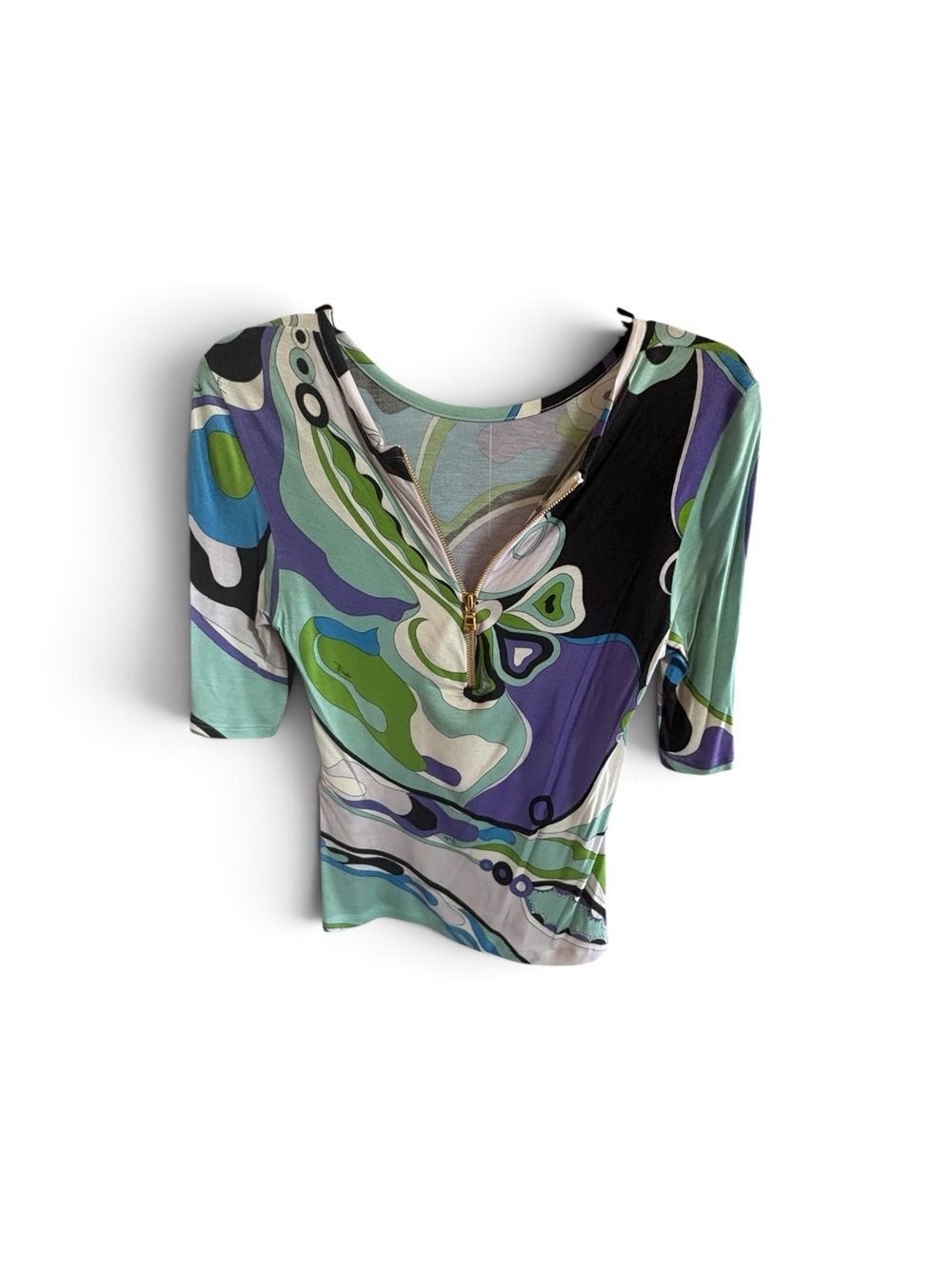 EMILIO PUCCI Multicolor Abstract Zip-Neck Top in Green, Purple & Black